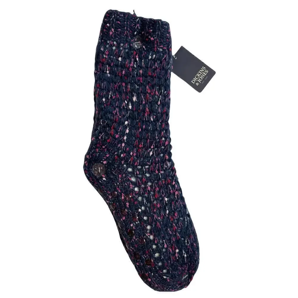 Dickins & Jones Knit Navy Lounge Socks Slippers W. Sherpa Lining & Grippers NWT